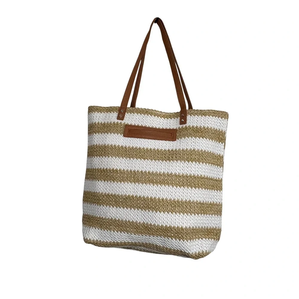 Jewell by Thirty-One Straw Tote Bag White Gold Metallic Striped Woven Beach Bag